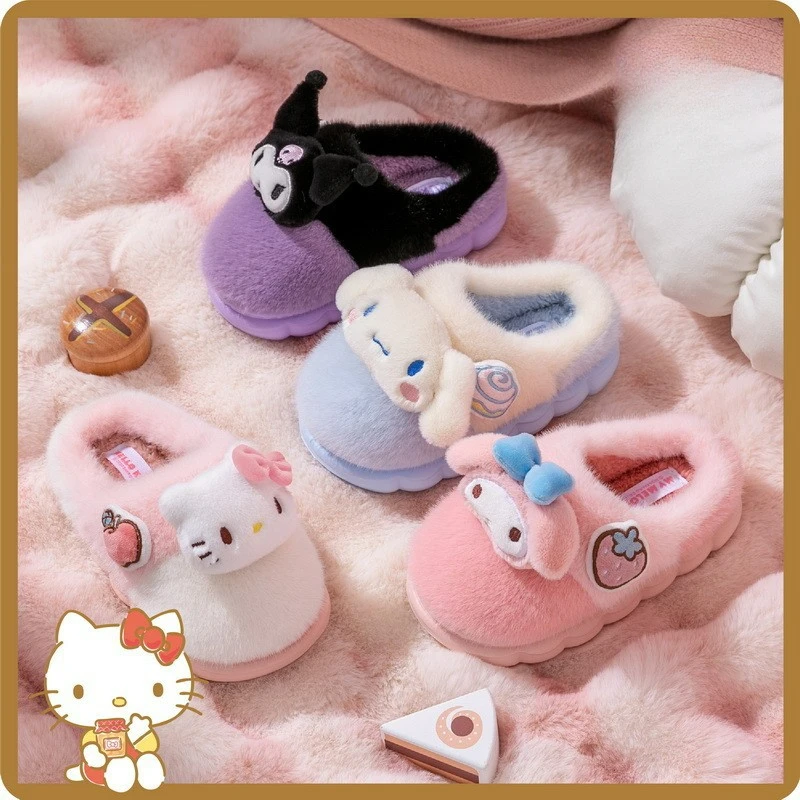 

Cartoon Kawaii Autumn and Winter HelloKitty Cinnamoroll Kuromi Children's Cotton Slippers Girls Thick Warm Home Slippers