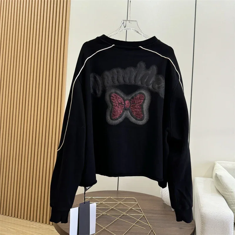 European Station American Cartoon Three-dimensional Letter Sequined Bow Sweatshirts Autumn New Crew Neck Drop Sleeve Top 2024