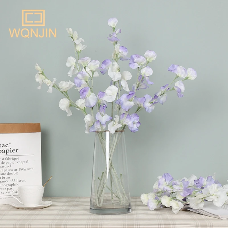 Ramo de flores de guisante flocado de simulación, decoración de mesa para el hogar, sala de estar, arreglo de flores artificiales para boda, planta falsa