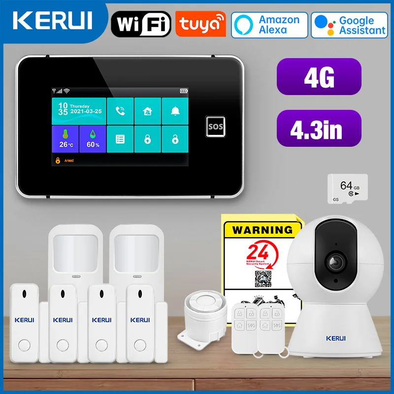 

Беспроводная домашняя сигнализация KERUI, система охранной сигнализации 4G с интеллектуальным пультом дистанционного управления Tuya, 4,3-дюймовым дисплеем, голосовая подсказка G64B