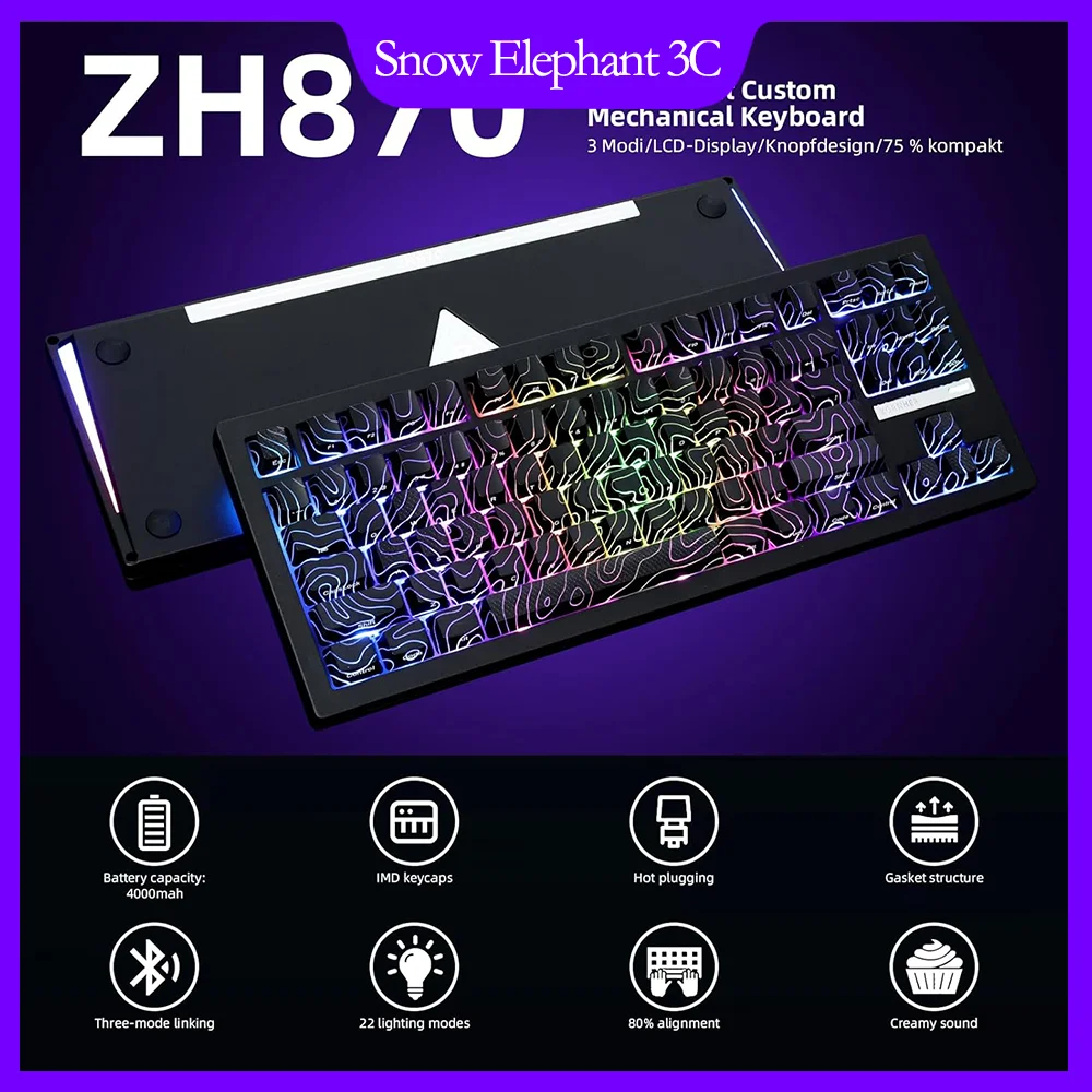 ZORNHER ZH870 Wireless Mechanical Keyboard 80% Black Custom Creamy Sound Keyboard Gaming  Lighted Up Black Topographic Keycap