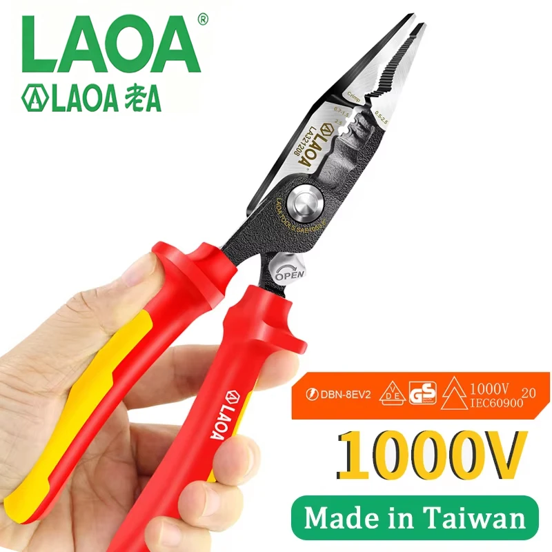 LAOA 8Inch 1000V Insulated Needle Nose Pliers High Voltage Resistant Wire Cutter Stripper Electrician Hand Tool(Give gifts)
