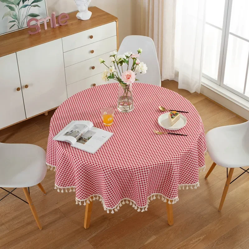 TABLECLOTH AROUND Toalha de mesa de algodão e linho com borla, toalha de mesa redonda xadrez listrada vermelha, mapa de mesa, capa de pano de casamento