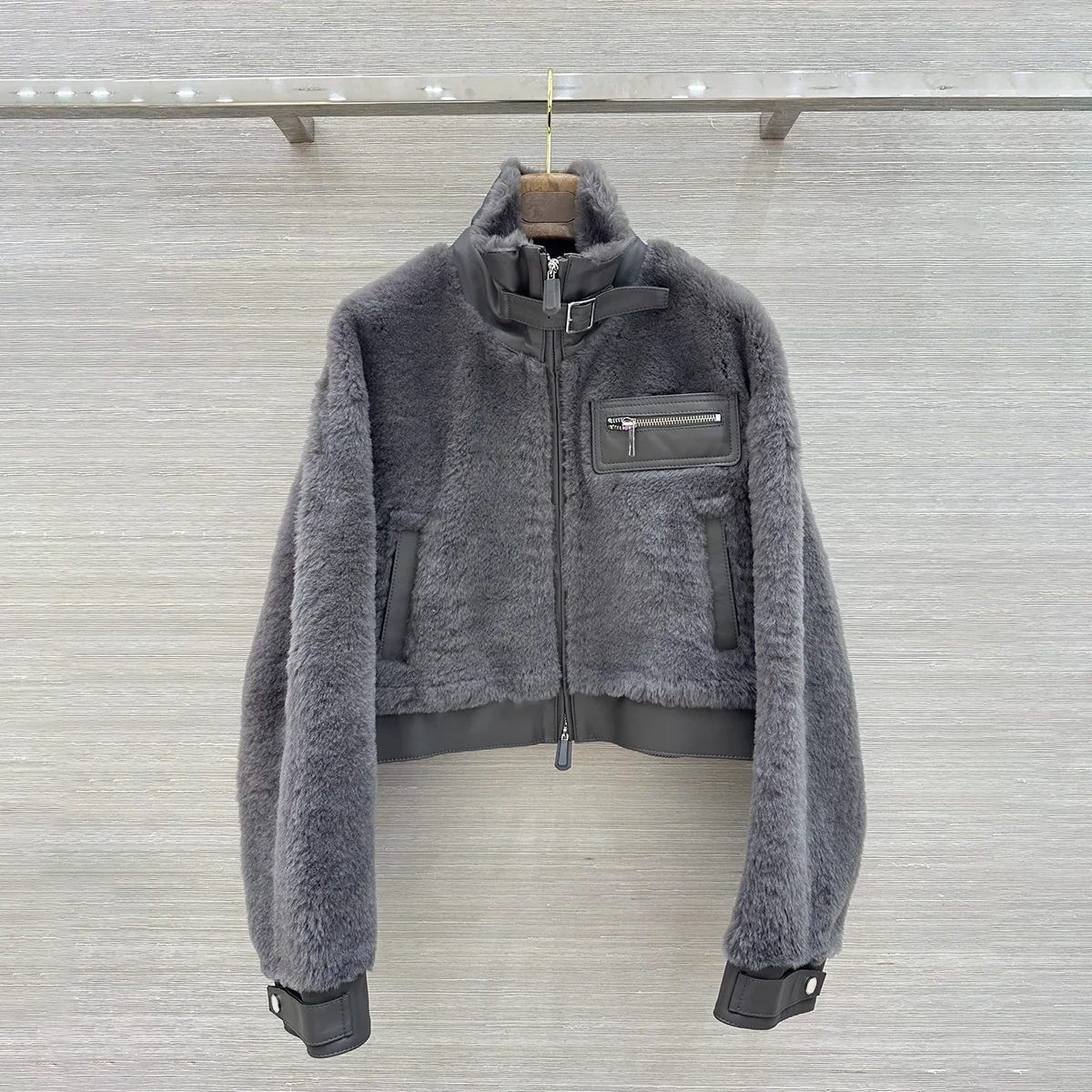 2026 High Quality Women Cropped Furry Jacket PU Patchwork Stand Collar Zip Winter Coat*26102664