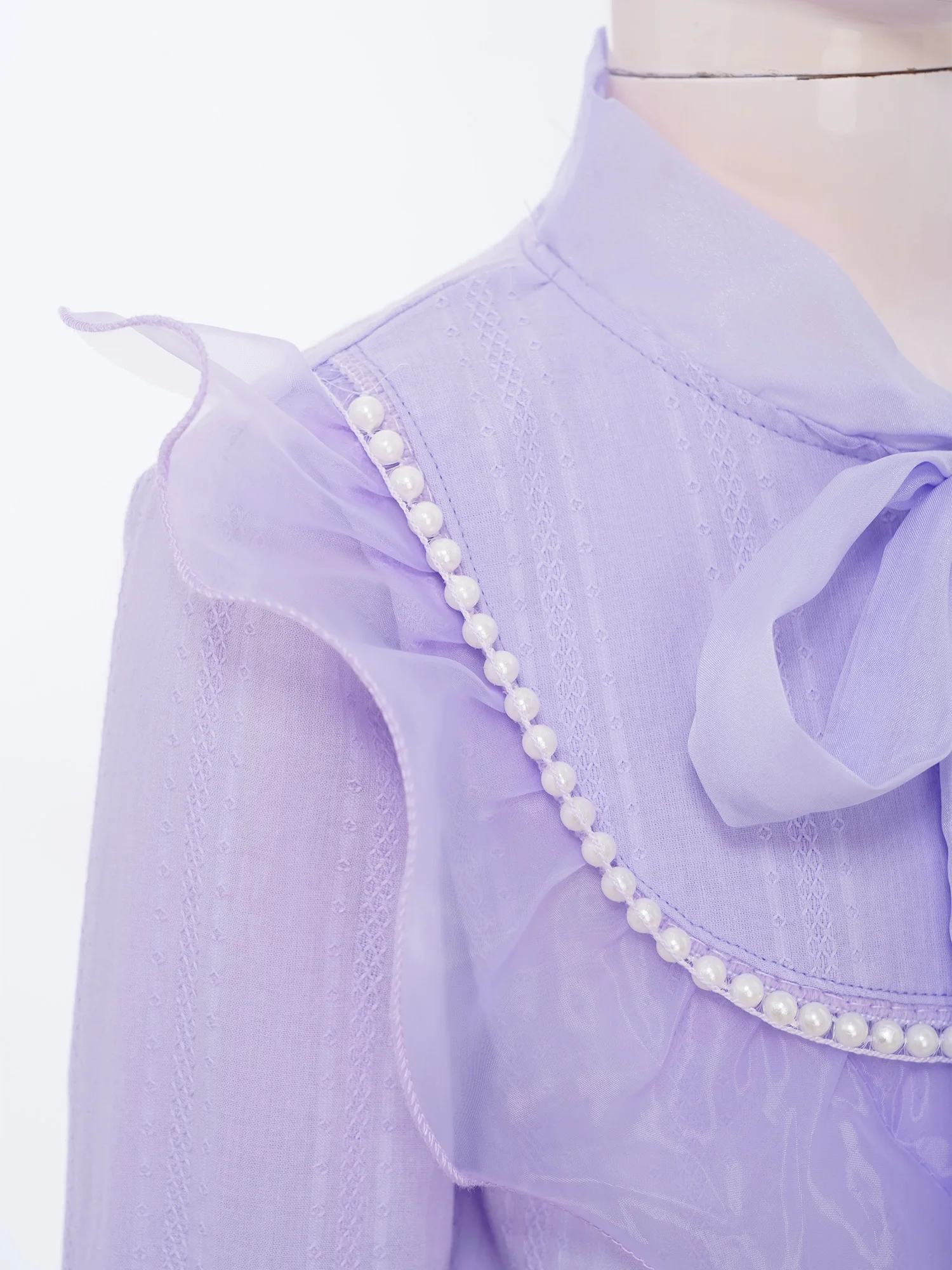 أطفال فتاة لطيف زر تي شيرت تول الكشكشة طوق أبيض بأكمام طويلة جميل النسخة الكورية أعلى الخريف فتاة في سن المراهقة الملابس