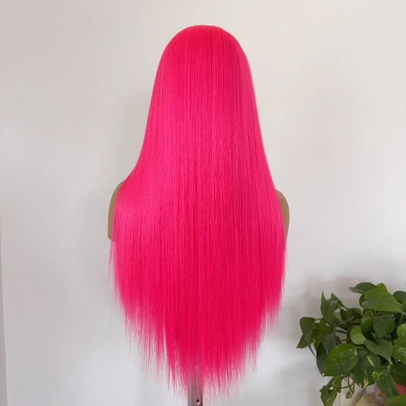 Perruque Lace Front Wig synthétique rose vif pour femmes, 26 pouces, HD, longue et lisse, 13x4, dentelle frontale naturelle, haute qualité, pour Cosplay
