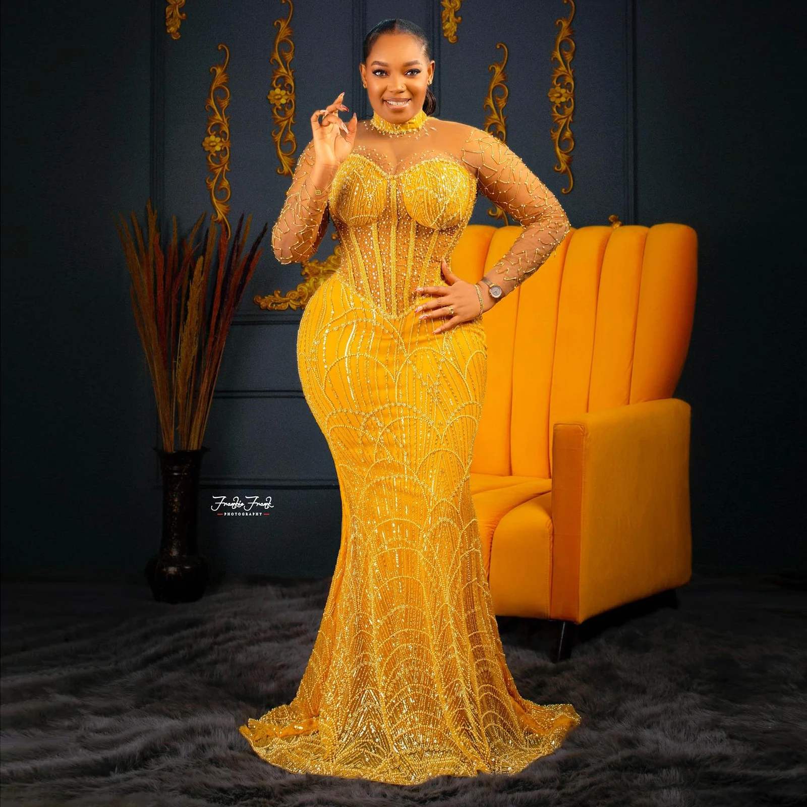 Luxury Beading Mermaid African Prom Dresses Plus Size Black Women Beads Lace Evening Formal Dress Asoebi Gold Yellow Party Dress
