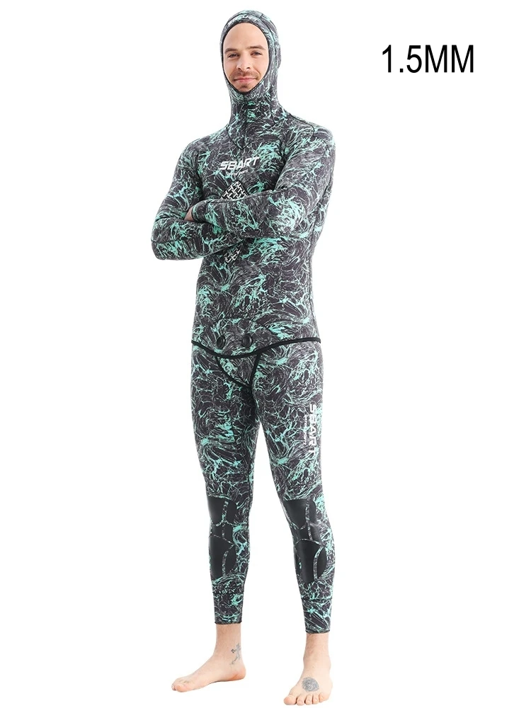 1.5MM Neoprene Two Pieces Camo Underwater Hunting Spearfishing Diving Suit With Hooded Scuba Keep Warm Snorkeling Swim WetSuit