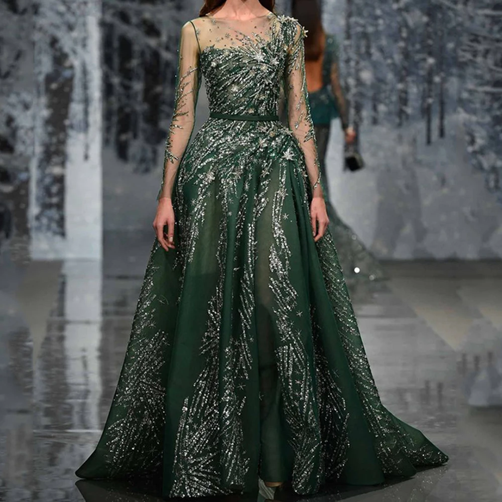 Exquisite Green Evening Party Dresses Floor Length Full Sleeves Illusion A-line Shiny Sequined Stars Women Banquet Prom Gowns