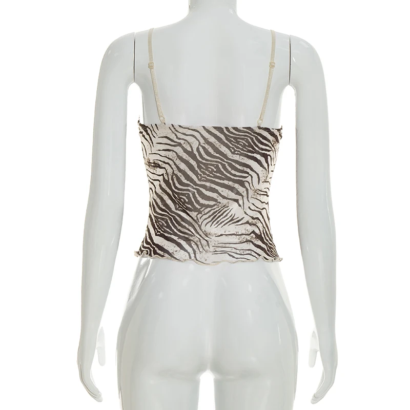 Spicy Girl Style Mesh-Top mit Zebramuster, Spitze, kurzem, offenem Nabel und V-Ausschnitt mit Netzriemen – Detail 9