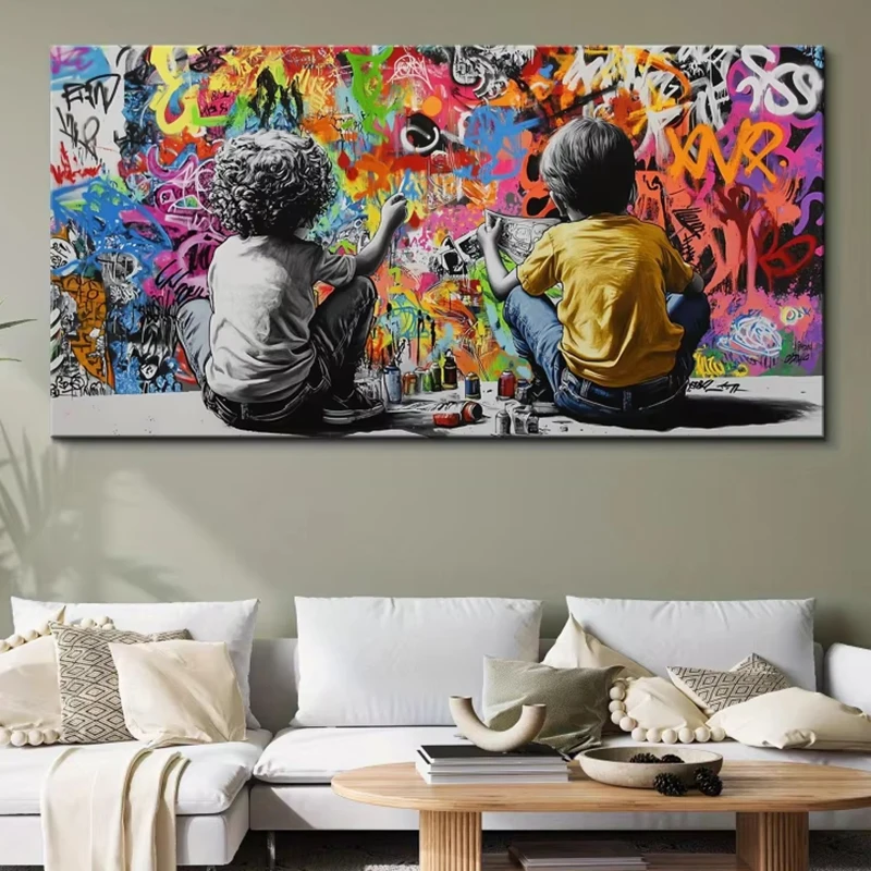 Graffiti Art Two Boys Drawing Canvas Painting Figure Art Colorful Poster Prints Modern Wall Art Picture for Room Home Decor