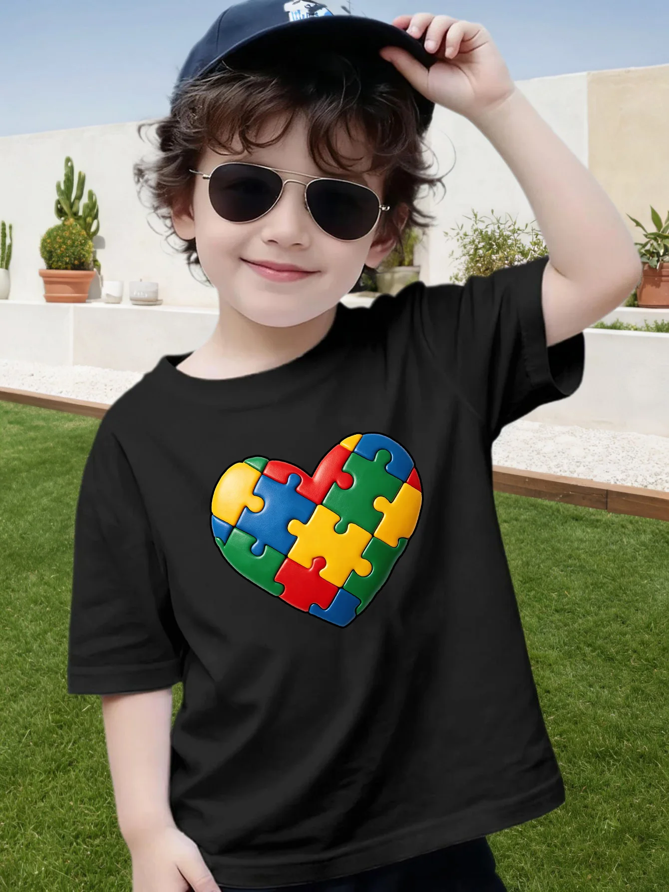 Bright Puzzle Heart Autism Print Boys Girls Parent Child Matching Cotton Short Sleeve Casual Summer Soft Comfort Kids Daily Tees