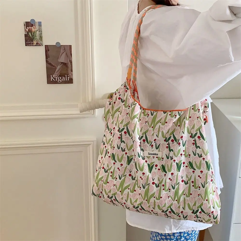 Floral Printed Canvas Shoulder Bag Portable Reusable Large Capacity Drawstring Shopping Bag Handheld Cotton Travel Tote Bag