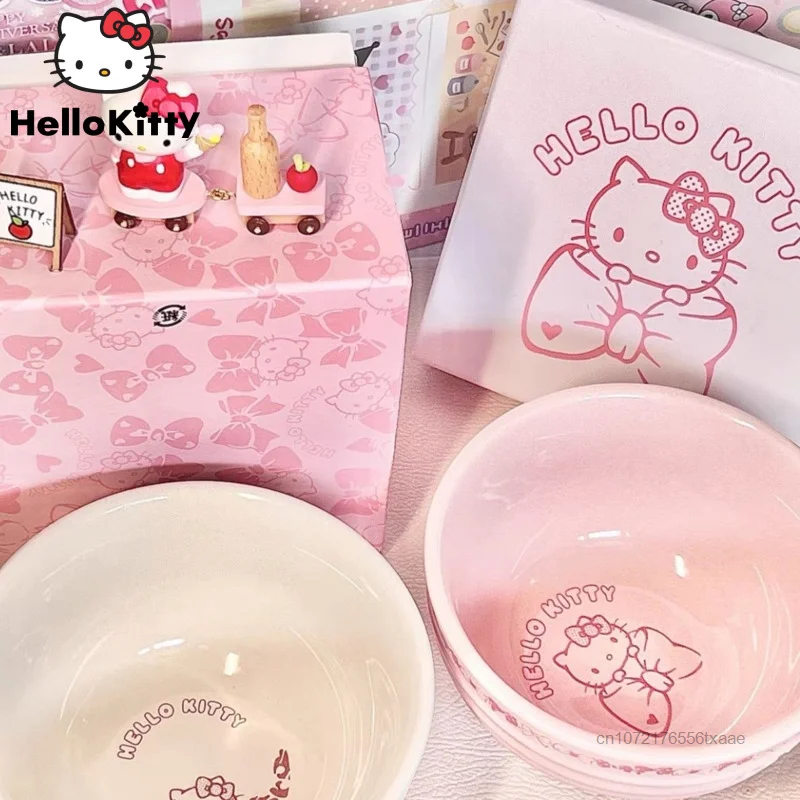 Sanrio Hello Kitty Ceramic Bowl Japan Style Household Soup Bowl Sala Dessert Bowl Kawaii Cartoon Aesthetic Bowls Microwaveable