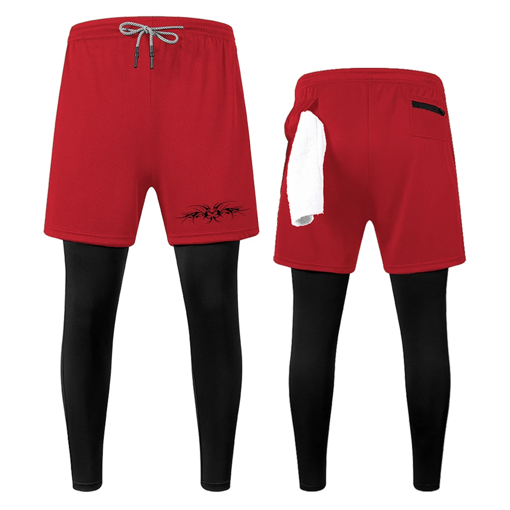 

Men's Double Layer Gym Compression Leggings Quick Dry Breathable Workout Symmetrical Pattern Print with Towel Loop Zipper Pocket