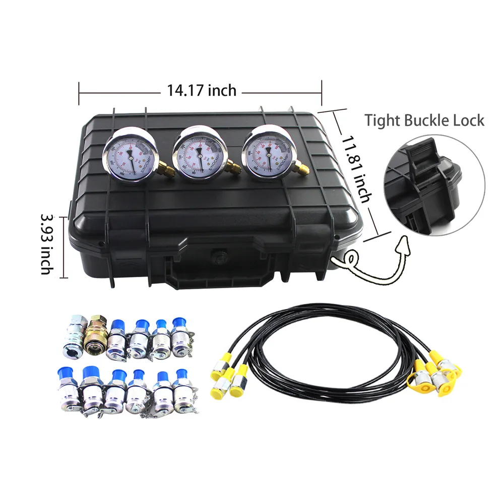 Hydraulic Pressure Test Kit with 3 Gauges hoses, 25Mpa / 40Mpa / 60Mpa Hydraulic Test Gauge Kit for Excavators 2 Years Warranty