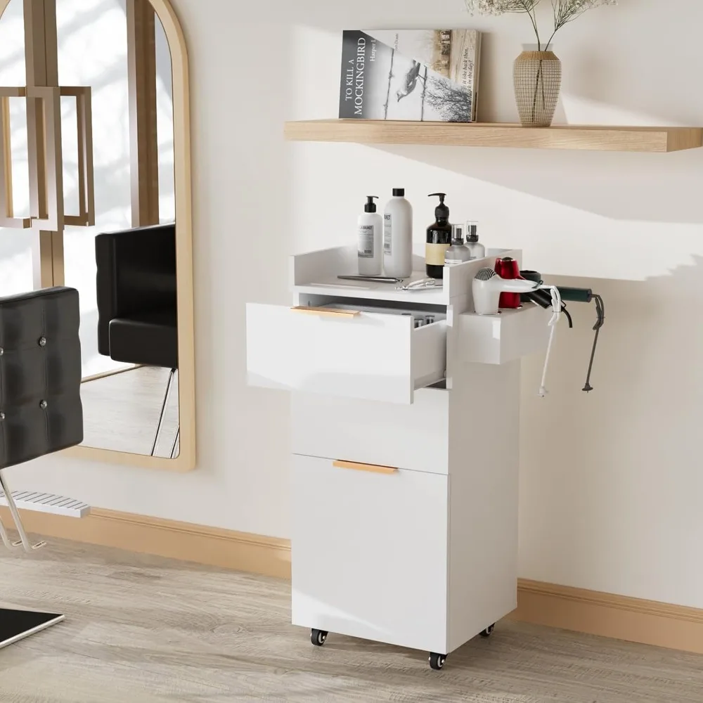 

Salon Trolley with Wheels, 2 Drawers & 1 Storage Cabinet, Salon Cart for Hair Stylist, Portable Styling Station