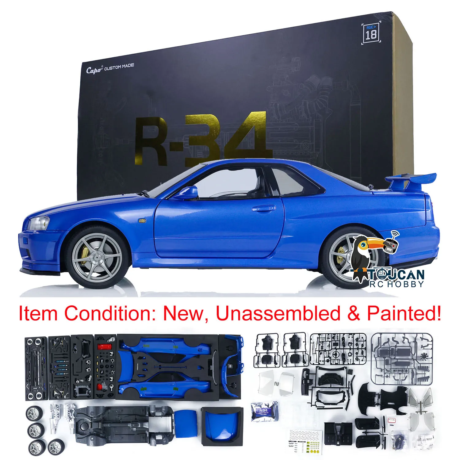 In Stock 1/8 Capo RC Racing Car Metal Electric High-Speed Blue Drift Vehicles Kit Version R34 Model Toucan Boy Toys for Gift