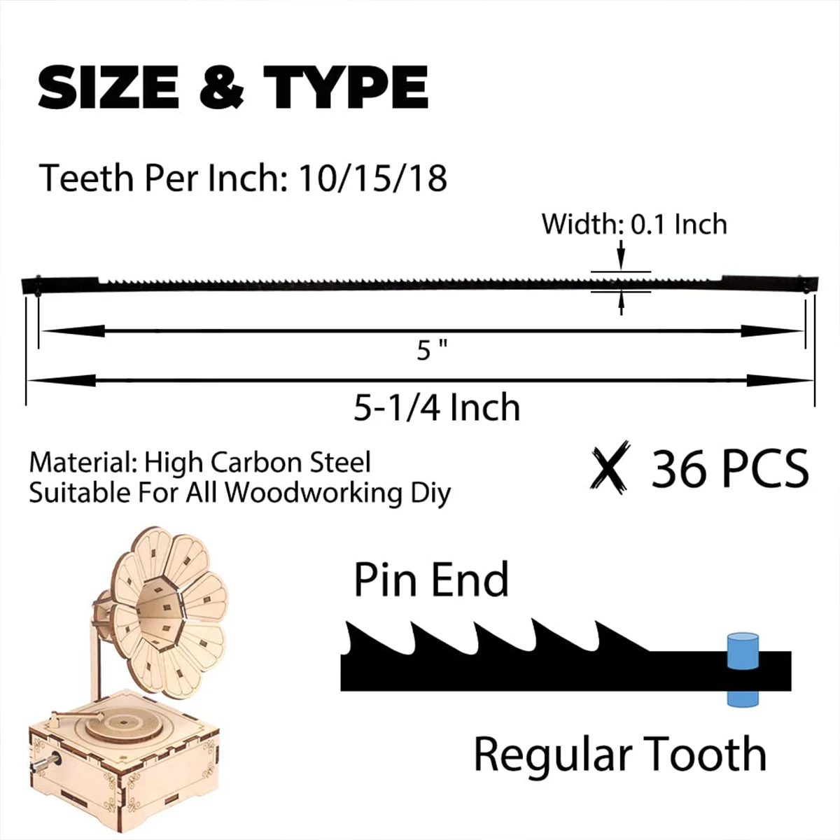 36Pcs 5 Inch 10/12/15/18T Carbon Steel Scroll Saw Blades Pinned Scroll Saw Blades for Plastic Wood DIY Woodworking Tools