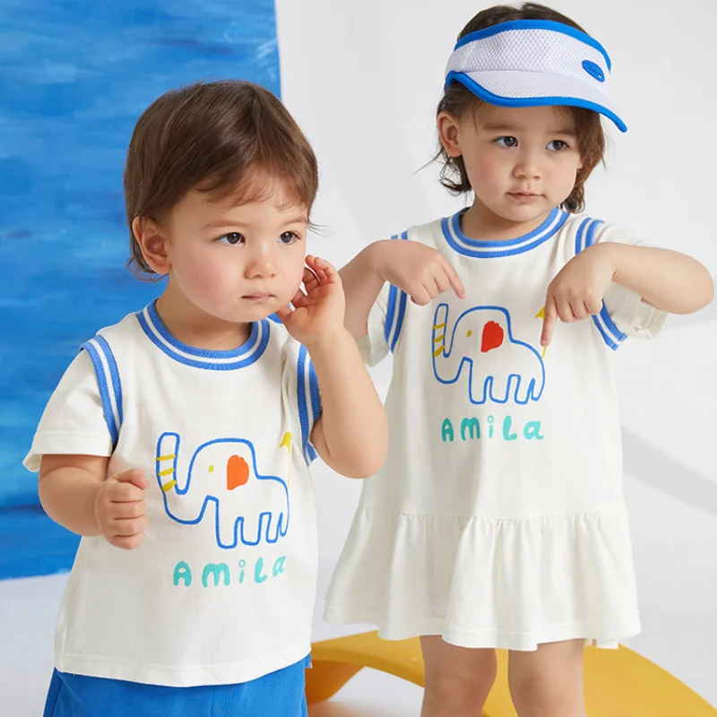 Brother and Sister Matching Summer Clothes for Twins Boy and Girl Cute Clothing Boys T Shirt Shorts Two Piece Sets Girls Dress