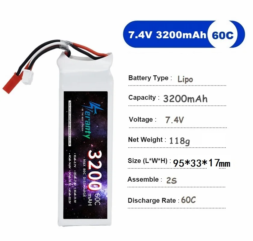 TERANTY 2S 7.4V Akumulator Lipo 3200mAh 60C z wtyczką T do RC FPV Samolot Helikopter Dron Model Czołgu Samochód wyścigowy Hobby DEANS XT60 — zdjęcie produktu 2