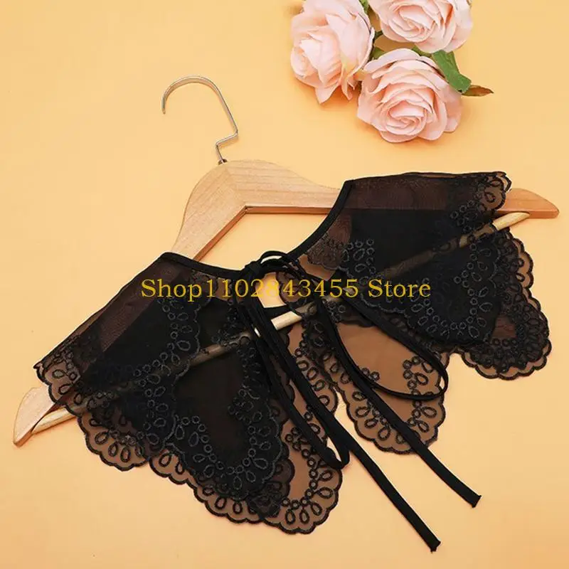 49MC Women Emboridery Lace Shawl Half Shirt Double Layers Dickey Collars Detachable Collar Lace-Up Bowknot Female Scarf