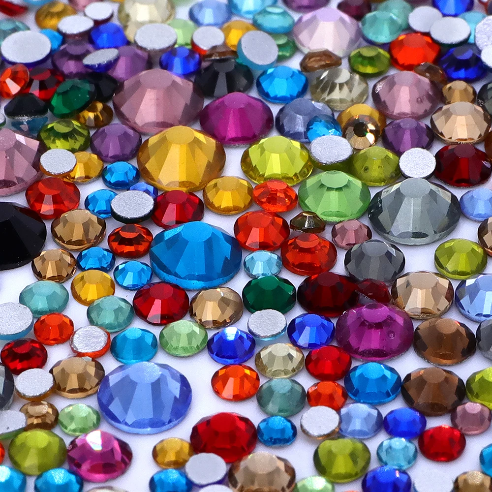 Multi color 1440Pcs Mix Size Round Glass Flatback Rhinestone Glitter Glue On Stones Non Hot Fix Rhinestones for DIY Nail Art