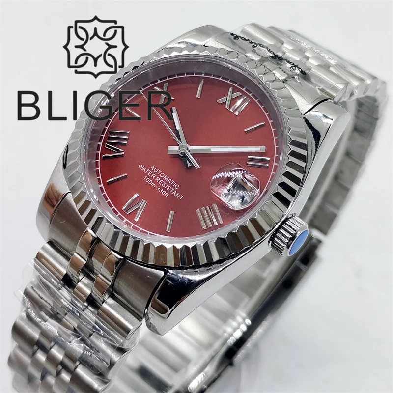 BLIGER Red Dial Watch NH35 36mm/39mm Fluted Bezel Sapphire Glass Cyclop Date Roman Index Curved Jubilee Bracelet Waterproof Slid