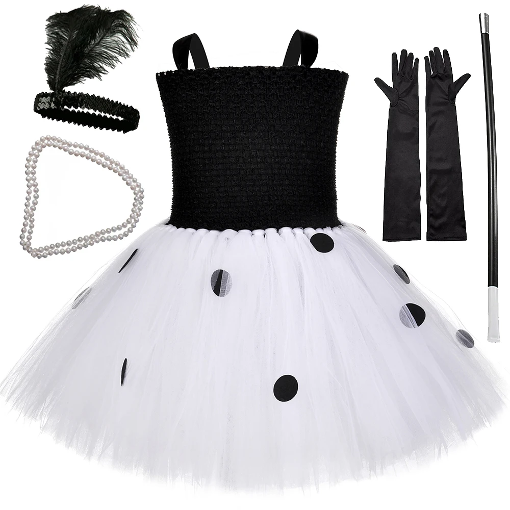 White Black Devil Cruella Costumes Girls Dalmatians Dog Lined Dresses for Kids Halloween Birthday Outfit Princess Ballet Tutus