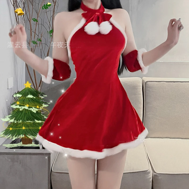 Rode Kerst Vrouw Jurk Sweet Lady Santa Claus Cosplay Kostuum Xmas Pak Sexy Lingeries Dames Meisjes Nieuwjaar Meid Uniform Set