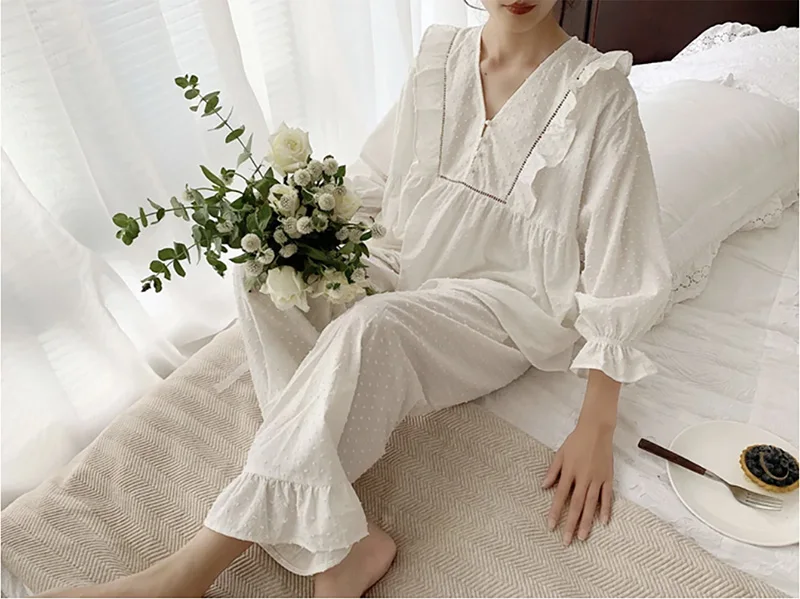 Women\'s Jacquard Dots Pajama Sets.Stringy Selvedge Tops+Long Pants.Vintage Ladies Dot Pyjamas Set.Victorian Sleepwear Loungewear