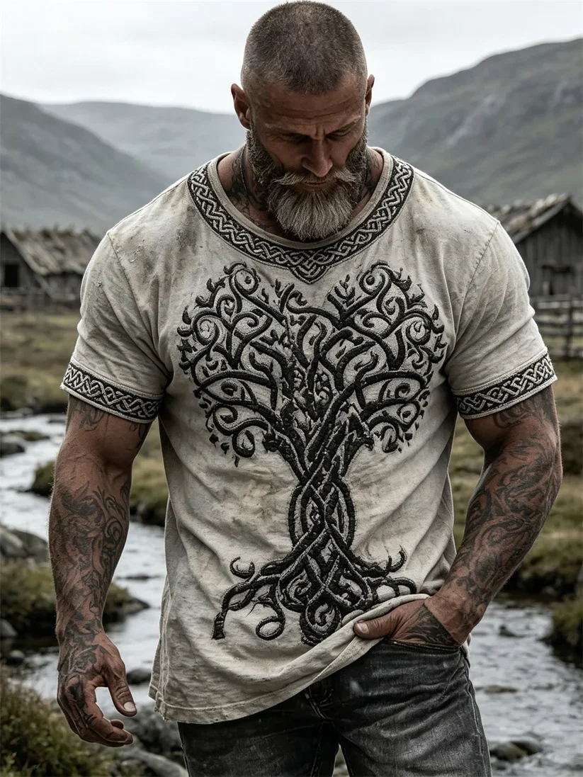 2027 Summer Best-selling Outdoor Men's Retro Danish Viking Style 3D Printed Breathable Quick-Drying T-Shirt Family Style Shirt