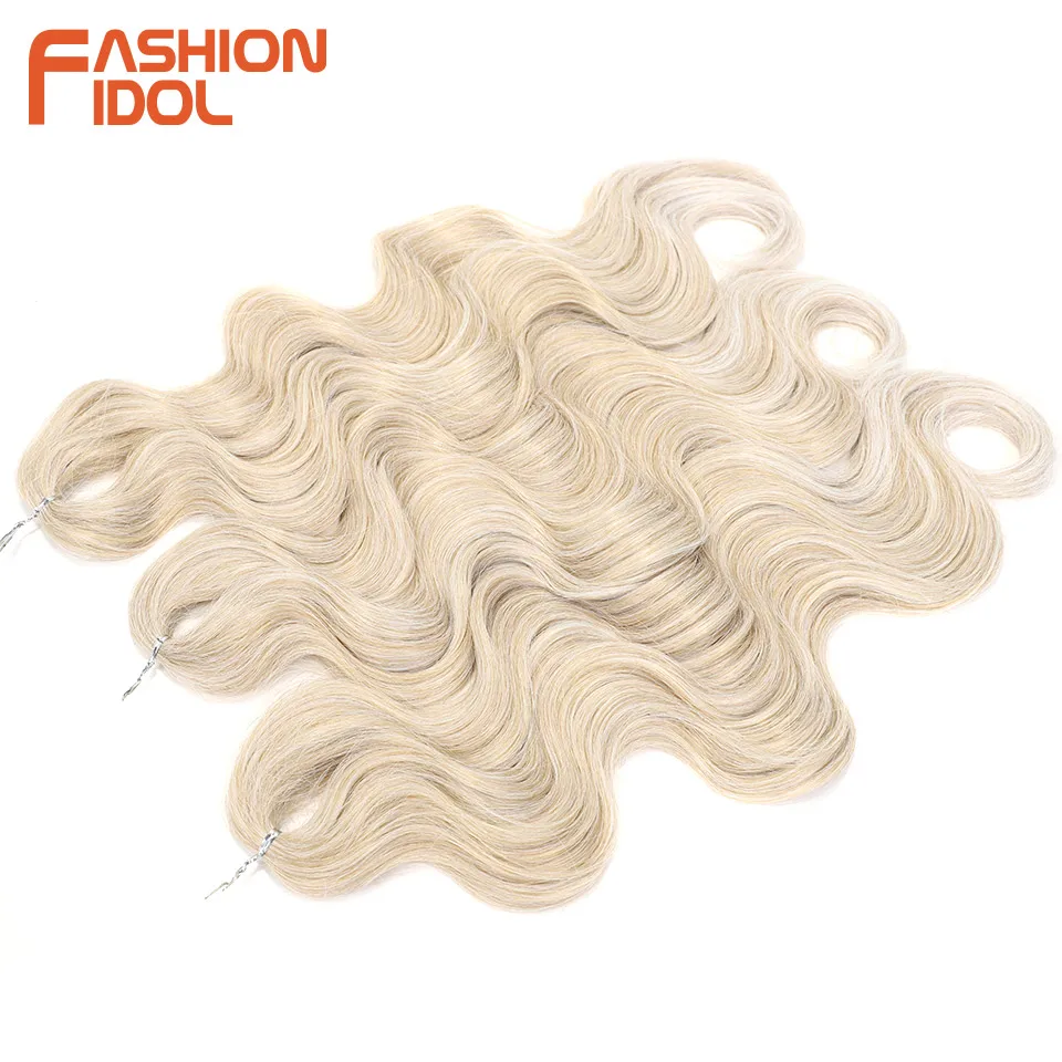FASHION IDOL Cabello de crochet de onda corporal suave, 24 pulgadas, 3 piezas, trenzas sintéticas, cola de caballo falsa, ondulado ombre rubio, extensiones de cabello 3