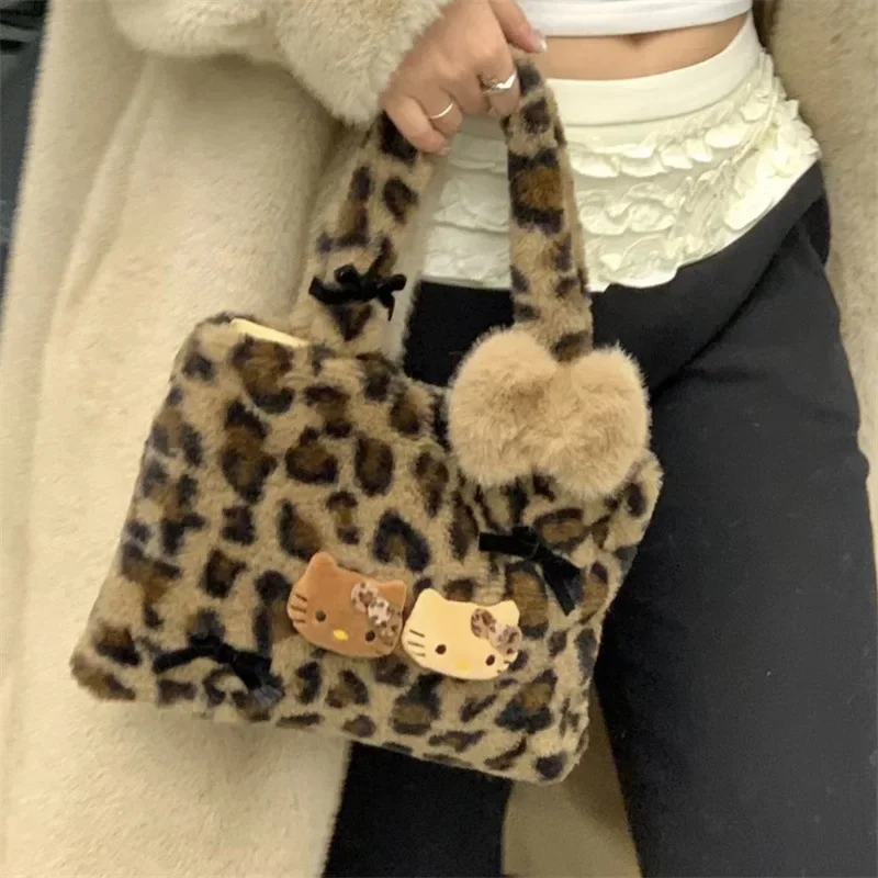 Leopard Print Handbag Cute Plush Black Leather HelloKitty Girl Y2k Commuting Bag Autumn and Winter New Fashion Collection Gift