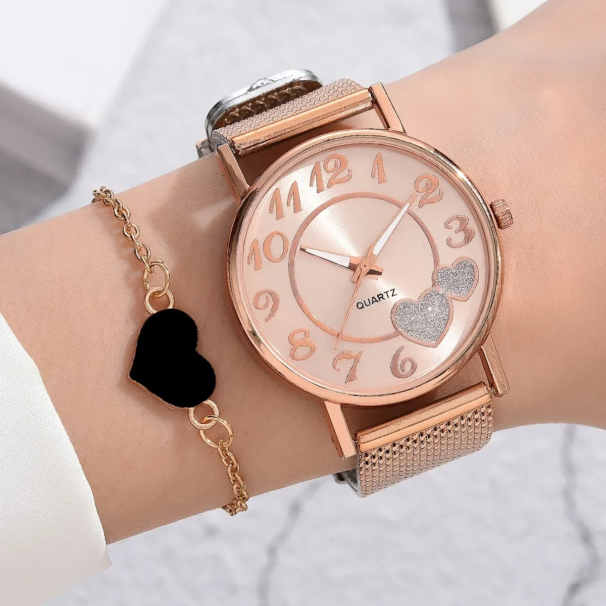 2pcs Metal Wristwatch Golden Strap Mesh Rose Watch Rhinestone Heart Watches Bracelet Women's Valentines Gift
