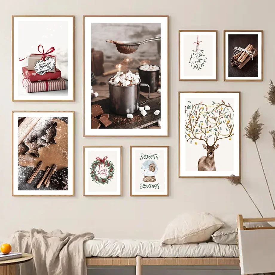 الشمال جدار الفن طباعة قماش اللوحة عيد الميلاد كرة الثلج الغزلان الزنجبيل الشوكولاته مروحة المشارك غرفة المعيشة الديكور الصورة #1