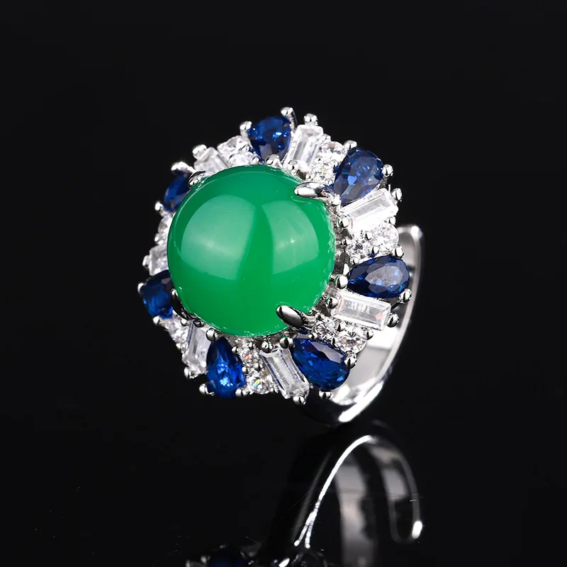 Jewelry Set 925 Sterling Silver Needle Earrings Ring Green Chalcedony Two-Piece Ring Earrings for Women