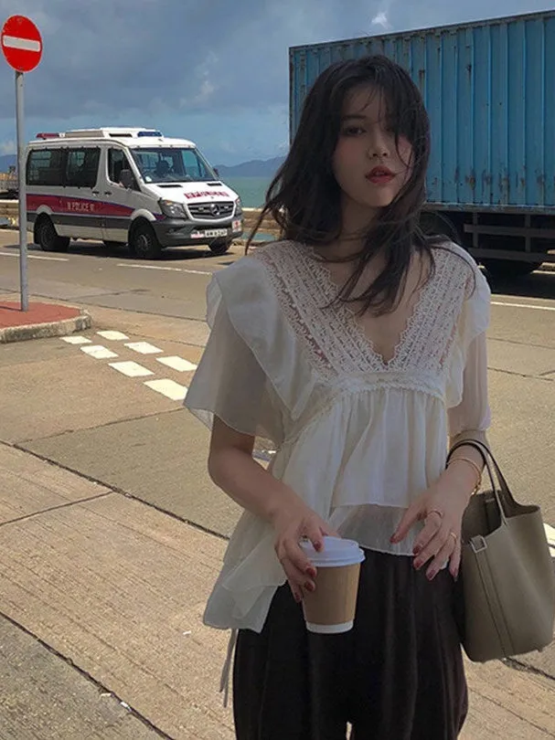 

Свободный ort Sve V-Ne Bal шифоновый гладкий женский новый летний тонкий сладкий антивозрастной кружевной отделкой модный для поездок на работу