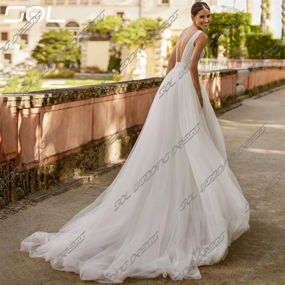 SOL-Robe de mariée en tulle à col en V et bretelles spaghetti avec ceinture, élégante, BO00-dos nu, train de balayage, patients, tout ce qui est sexy, sur mesure