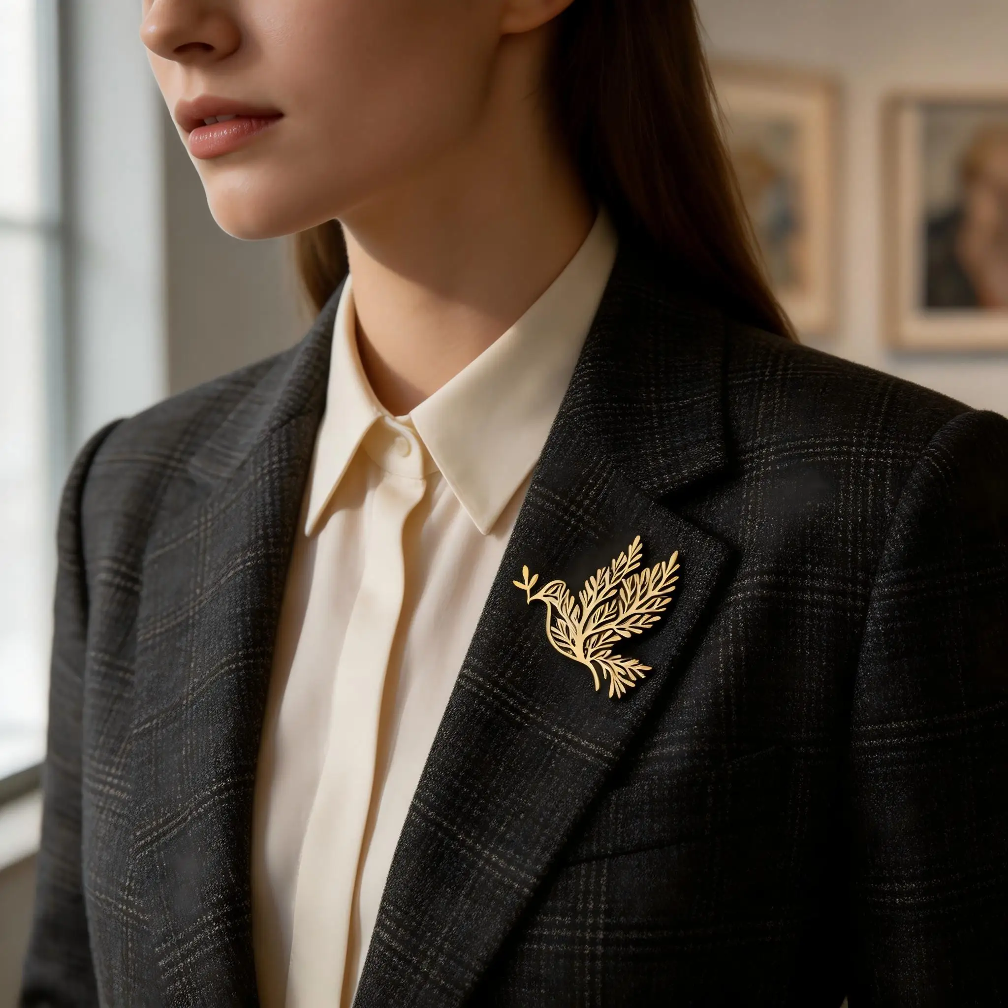 Olive Branch Dove 316L Stainless Steel 18K Gold Plated Brooch, Hollow Cutout Elegant Lapel Pin for Business Suit