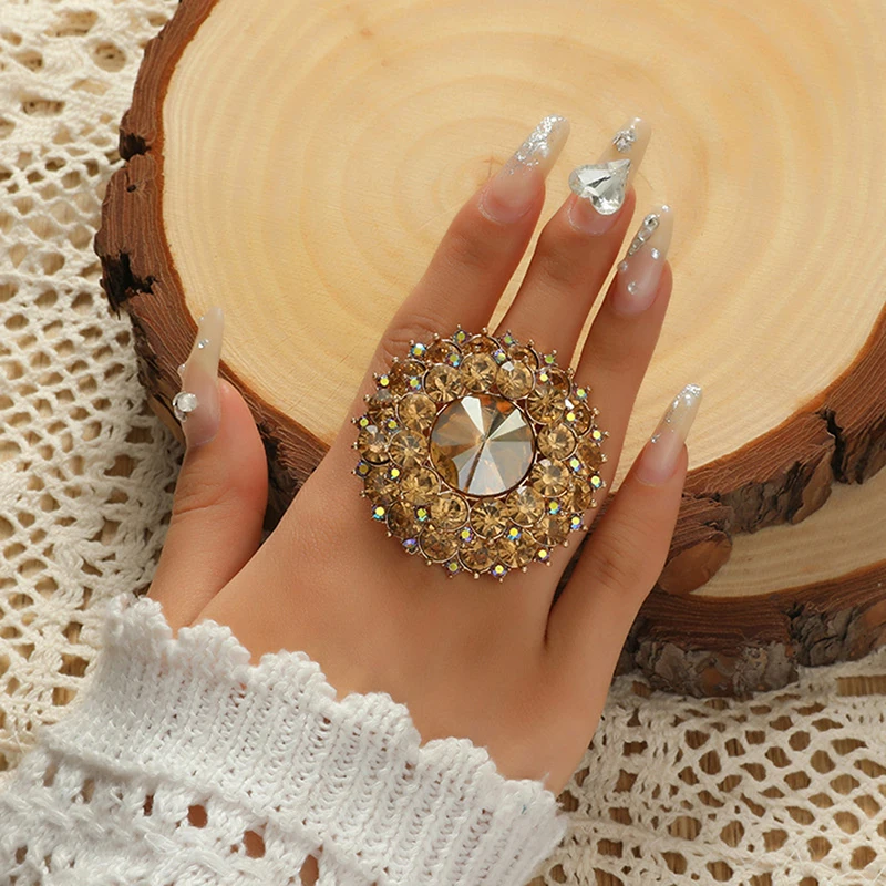 Unique Boho Crystal Stone Ring Big Round Rings For Women Vintage Female Wedding Party Jewelry Birthday Gift