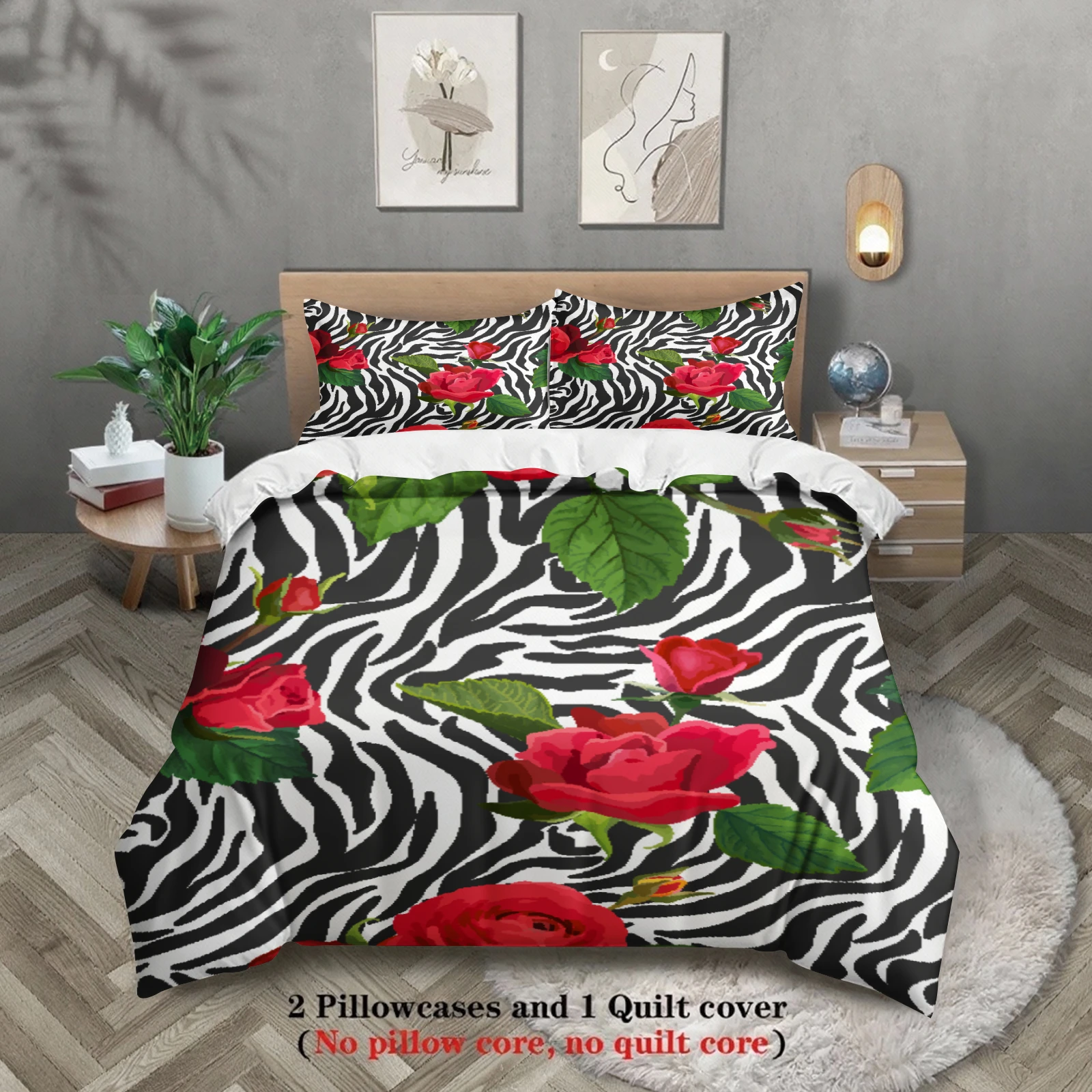 3pcs Vivid Roses Zebra Stripe Bedding Sets Modern Style Twin Queen King Size 100% Polyester Duvet Cover With 2 Pillowcases