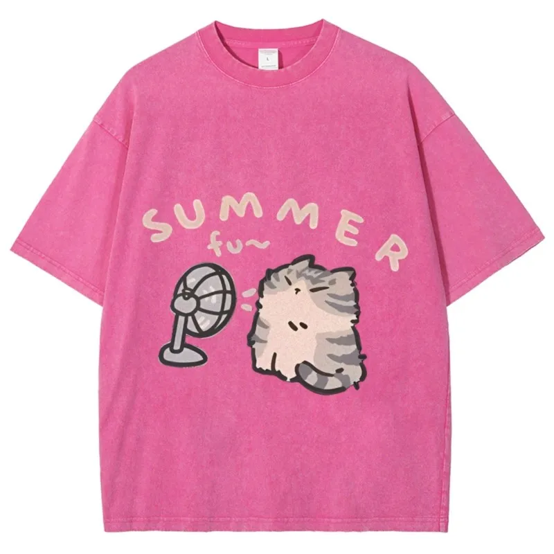 

Cute Cat Ladies Cotton T-Shirt High Quality Print Washed Short Sleeve Tee Blouse Fashion Chic Blouse Shirts 2025 New Clothes