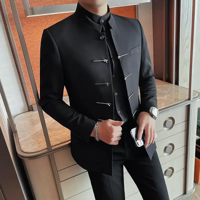 Chinese Style Stand Up Collar Suit Jacket for Men High Quality Mens Slim Fit Casual Social Wedding Dress Coat Men\'s Clothing
