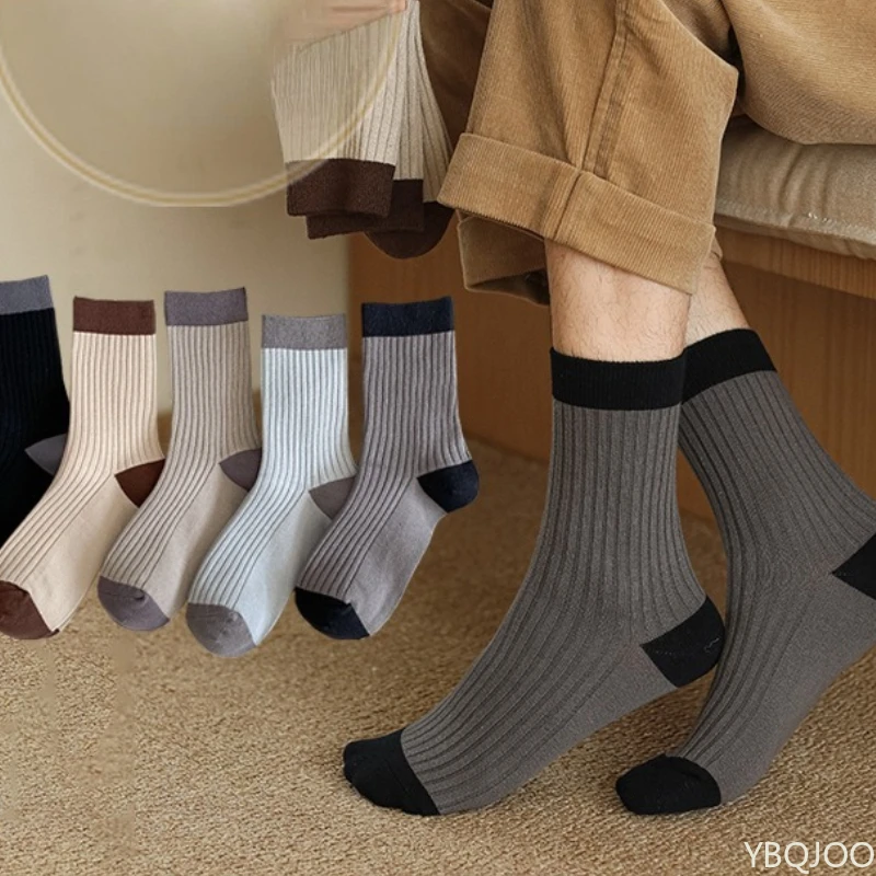 5 pairs men's pure cotton socks mid length socks spring autumn thick anti odor socks men's sweat absorbing mid length socks