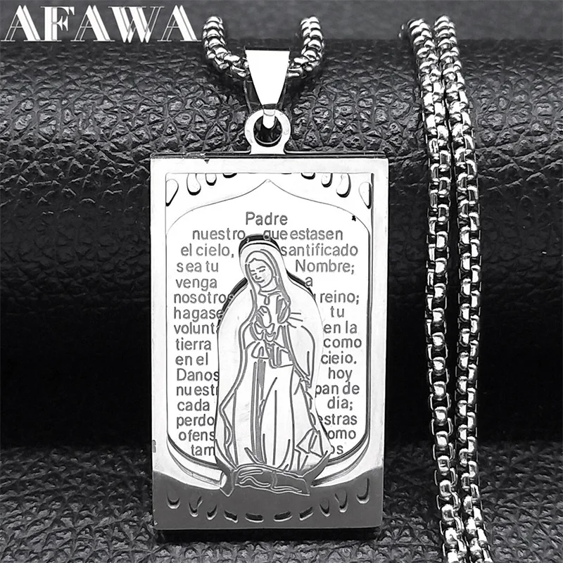 

Virgin Mary Medal Necklace for Women Men Stainless Steel Spanish Lord's Bible Verse Our Lady Guadalupe Jewelry collar N7438S02