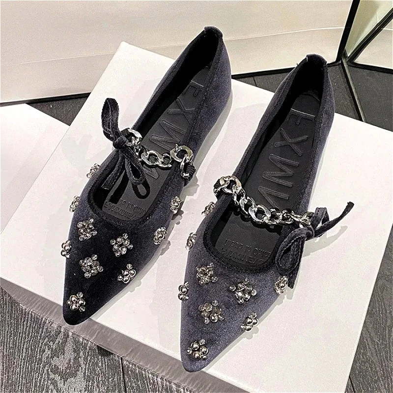

String Beads Metal Chain Elegant Mary Jane Shoes Women Velvet Pointed Toe Dress Shoe Fashion Ballet Shoes Women Zapatos De Mujer