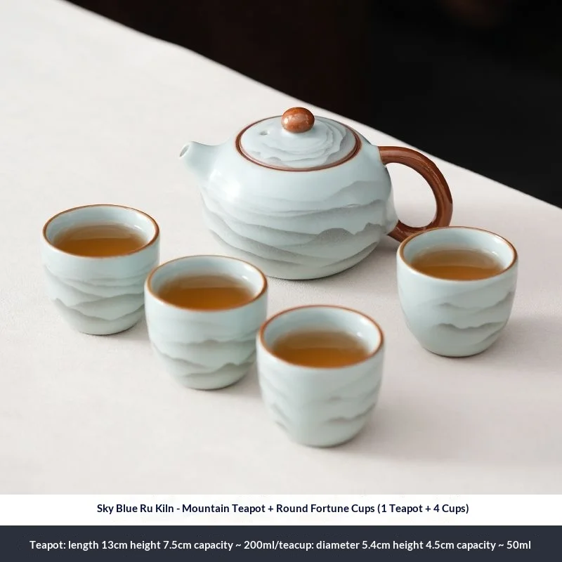 Ink Mountain Pattern Tea Set Ru Kiln Gongfu Teaware Tea Drinking Ceramic Pot Tea Brewing Teapot Teacup 1 Pot 4 Teacups