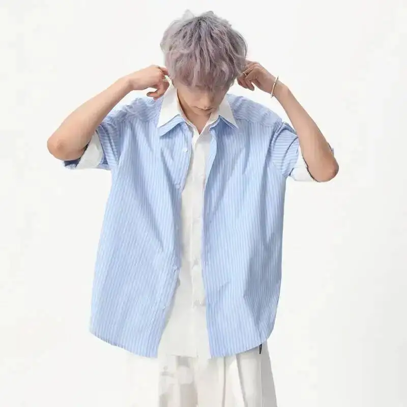 Men's Korean Blue Striped Turn Down Collar Patchwork Faux Two Piece Short Sleeve Shirt Single Breasted Blouse Tops 9XZW2U
