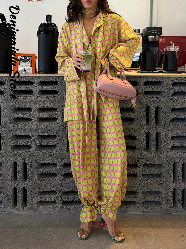 Vintage Women's Printed Blouses Pants Sets Loose Laple Long Sleeve Single Breasted Shirt Wide Leg Pant 2026 Autumn Holiday Suits